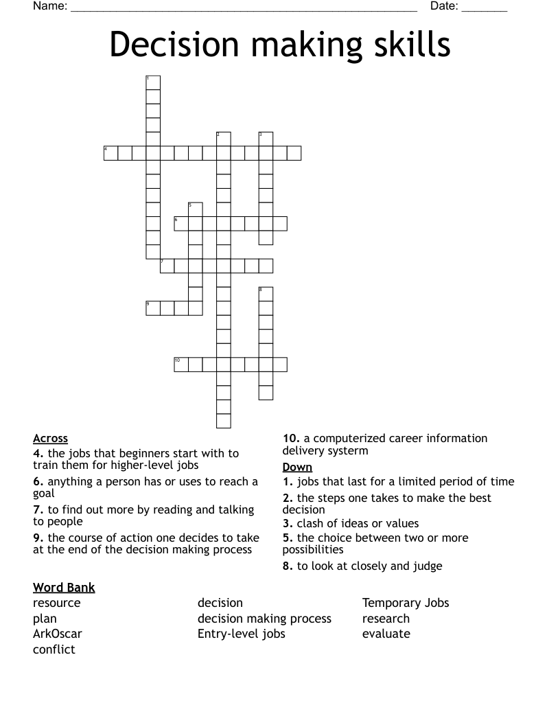 Decision making skills Crossword