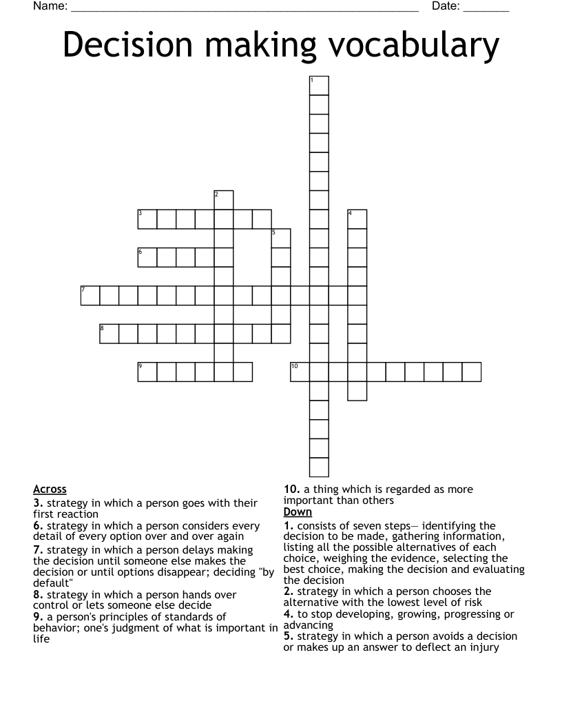 Decision making vocabulary Crossword