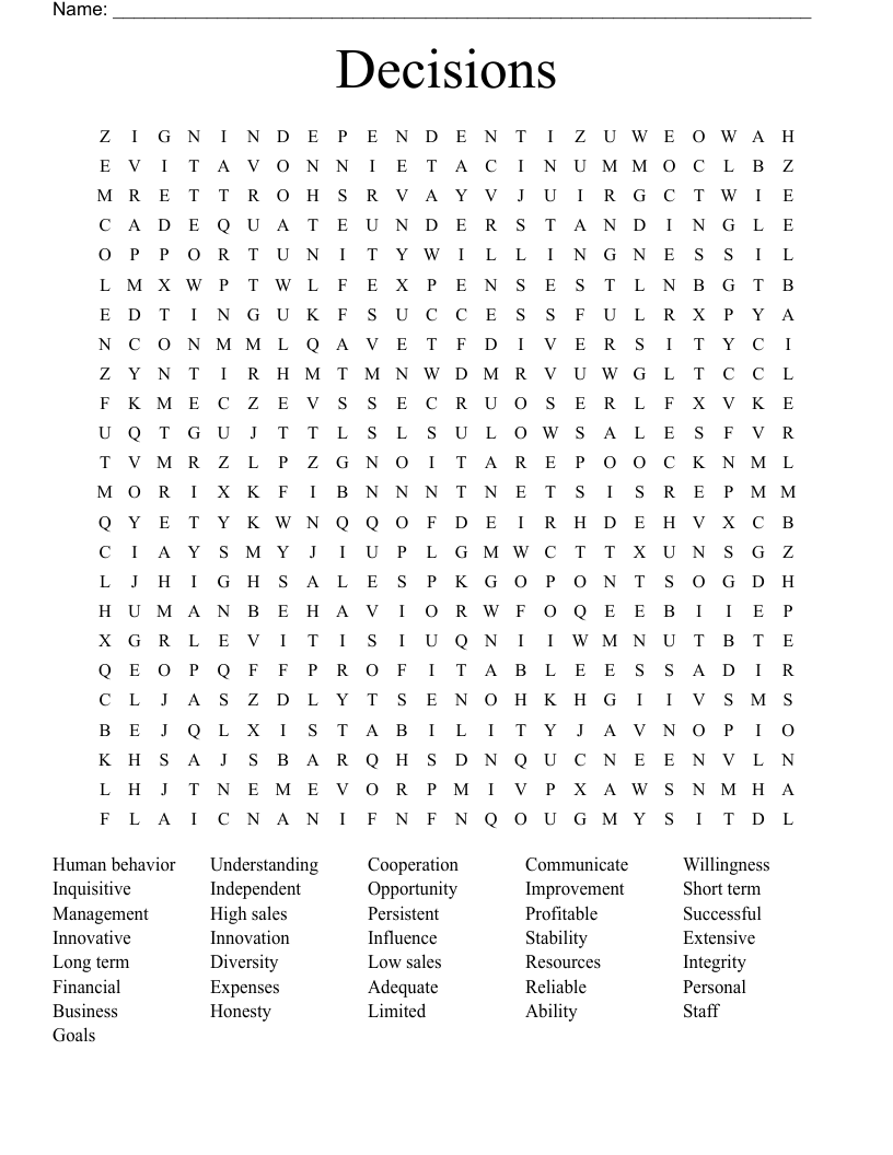 Decisions  Word Search