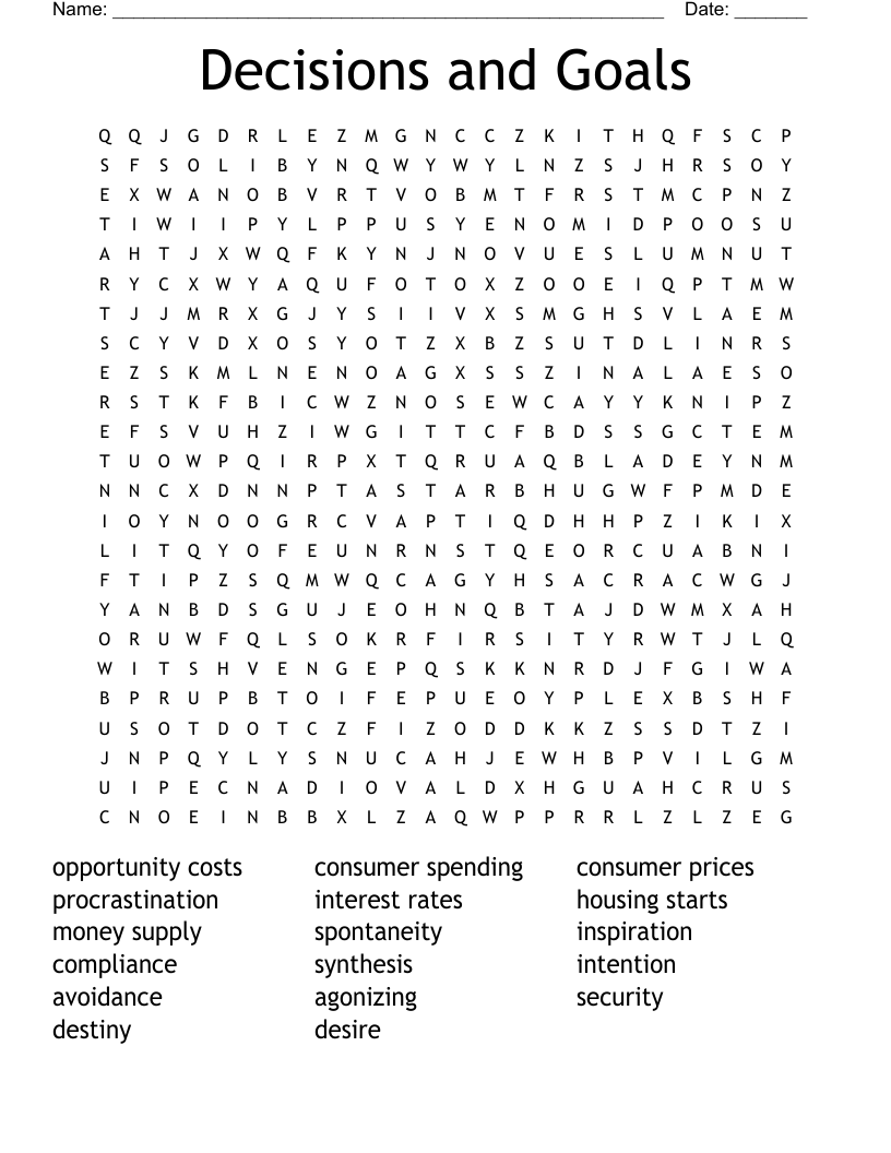 Decisions and Goals Word Search