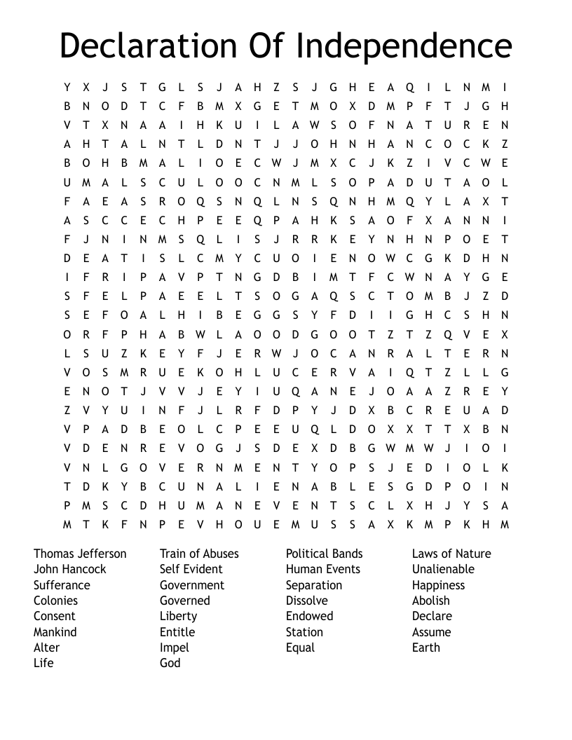 Declaration Of Independence Word Search