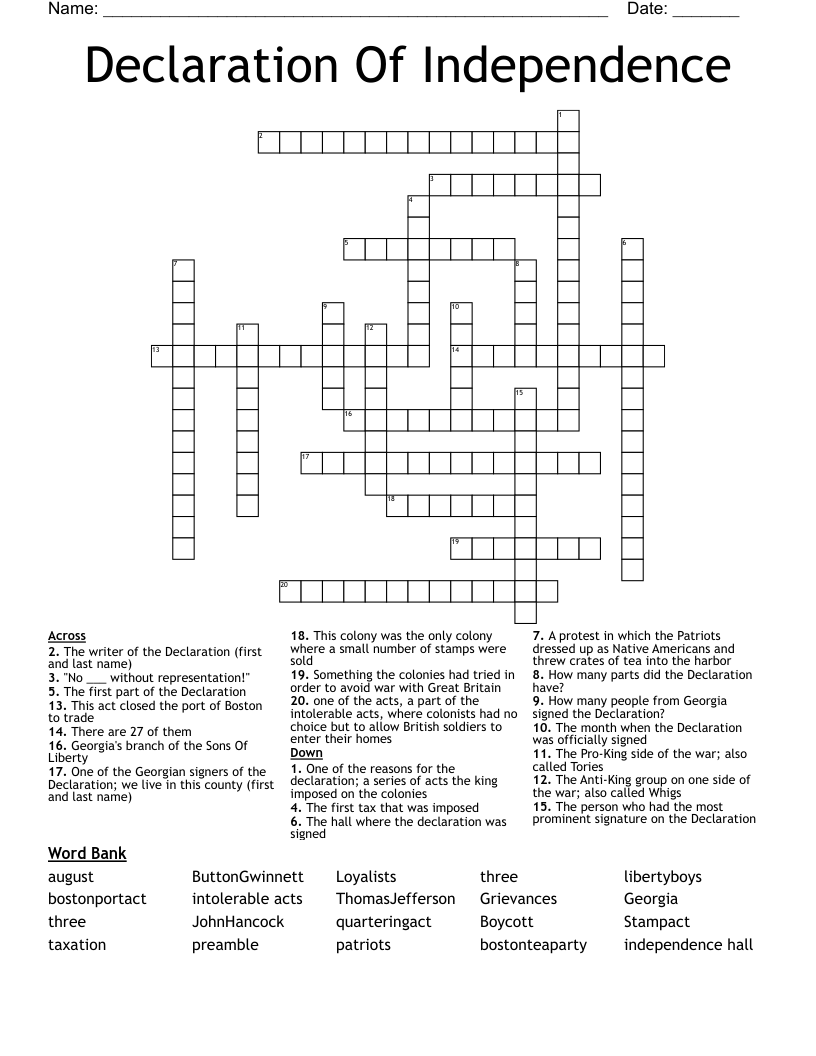 Declaration Of Independence Crossword