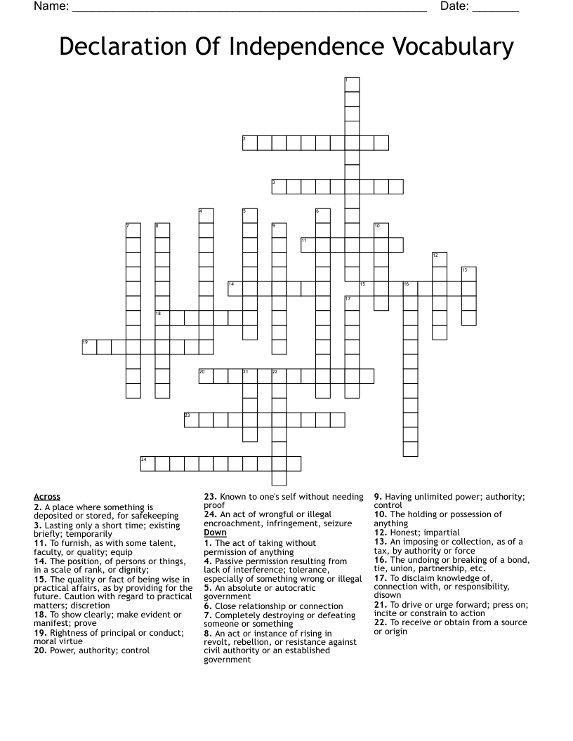 Declaration Of Independence Vocabulary Crossword