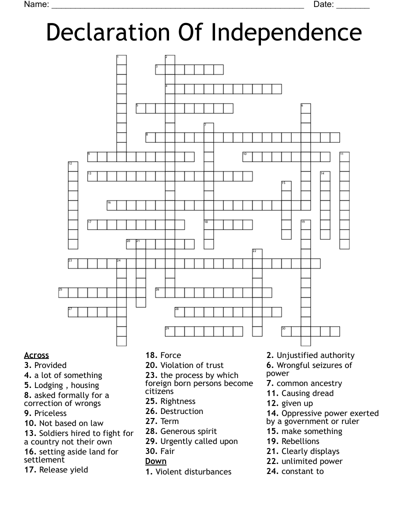 Declaration Of Independence  Crossword
