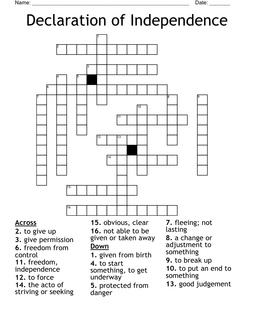 Declaration of Independence Crossword