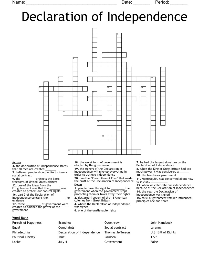 Declaration of Independence Crossword