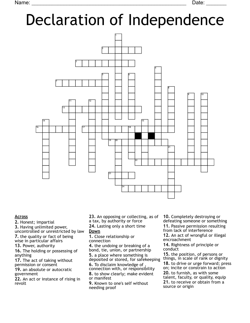 Declaration of Independence Crossword