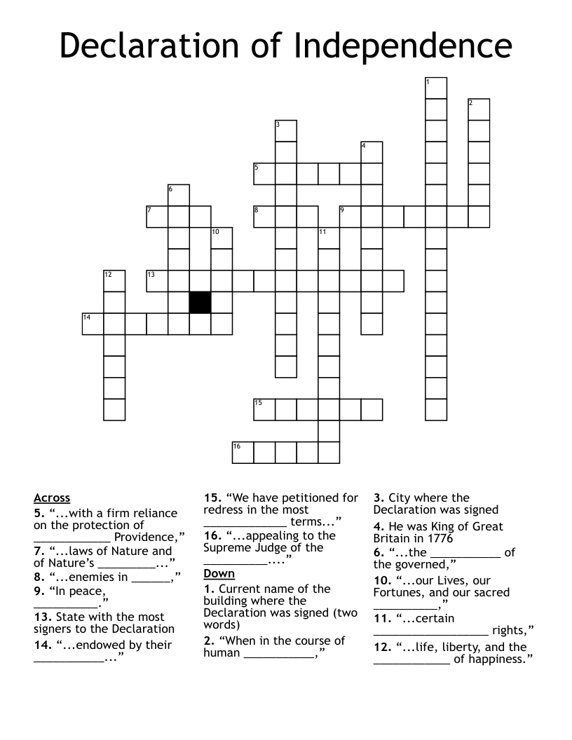 Declaration of Independence Crossword
