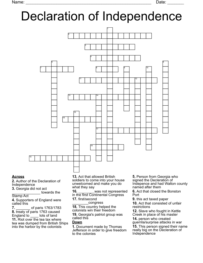 Declaration of Independence Crossword