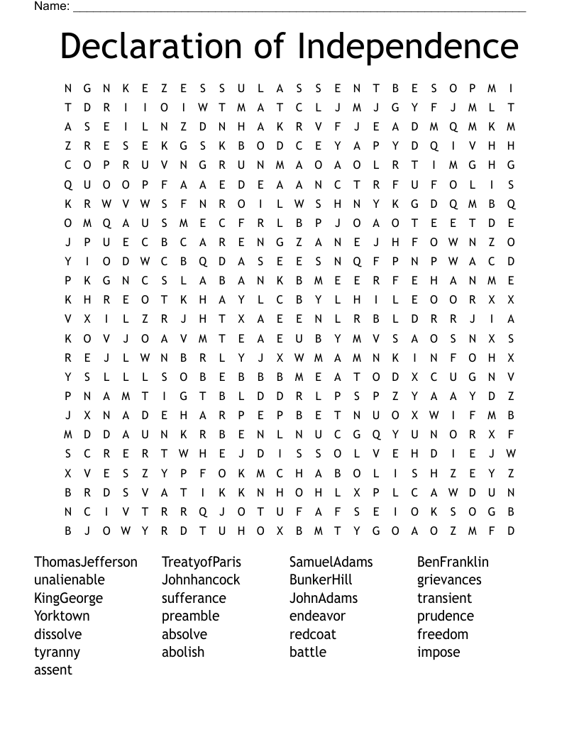 Declaration of Independence Word Search