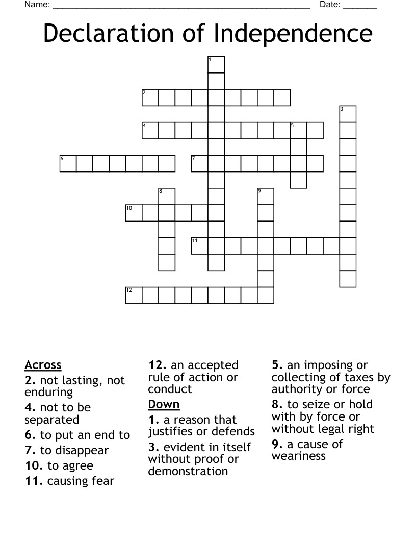 Declaration of Independence Crossword