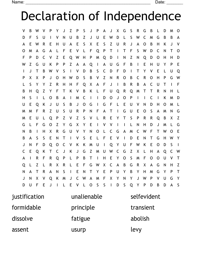 Declaration of Independence Word Search