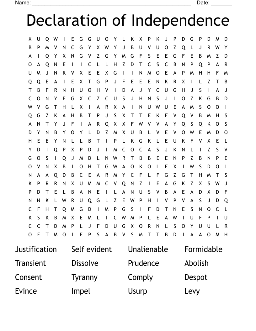 Declaration of Independence Word Search
