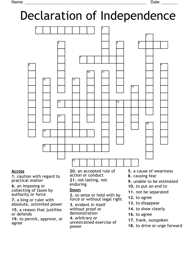Declaration of Independence Crossword