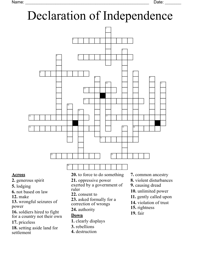 Declaration of Independence Crossword