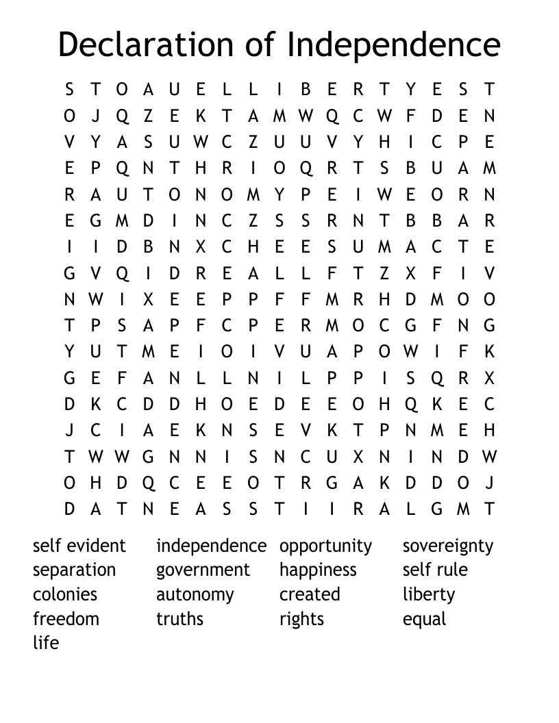 Declaration of Independence Word Search