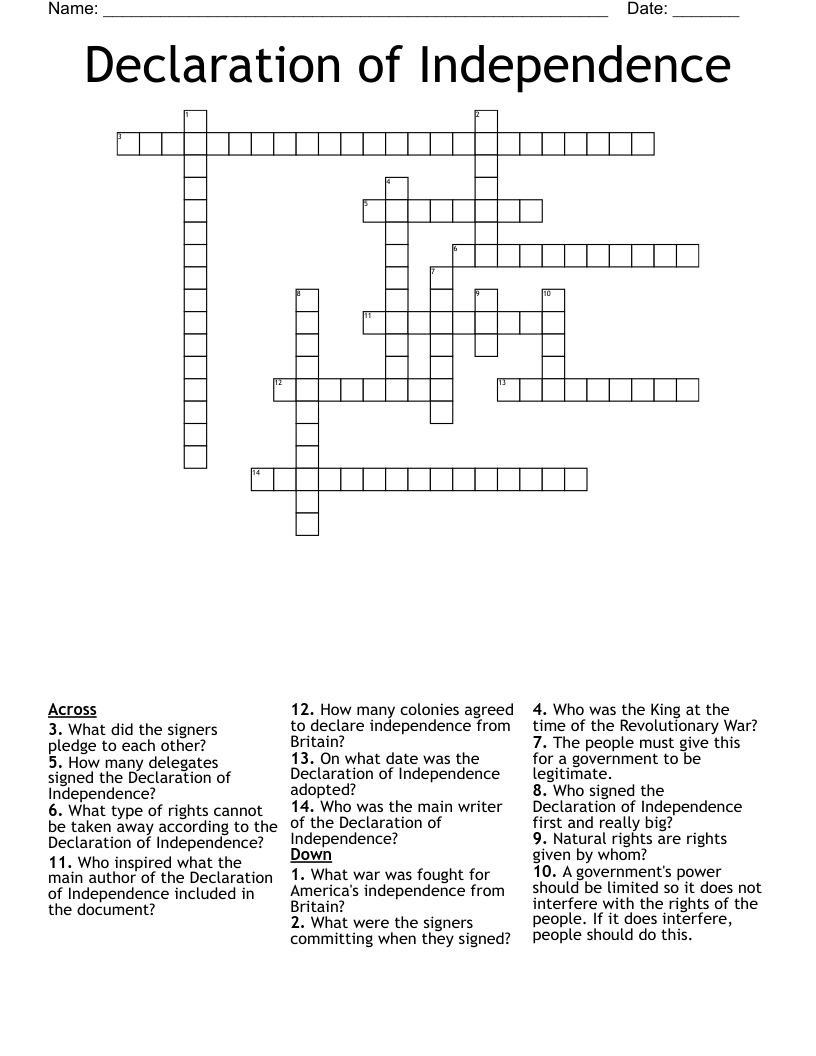Declaration of Independence Crossword