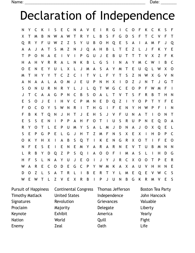 Declaration of Independence Word Search