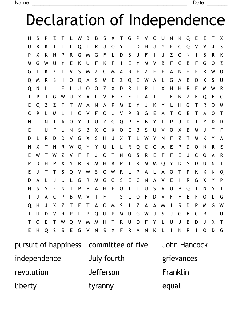 Declaration of Independence Word Search