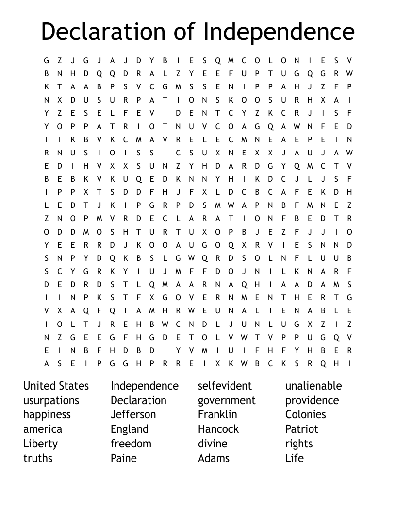 Declaration of Independence Word Search