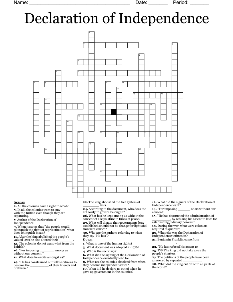 Declaration of Independence Crossword