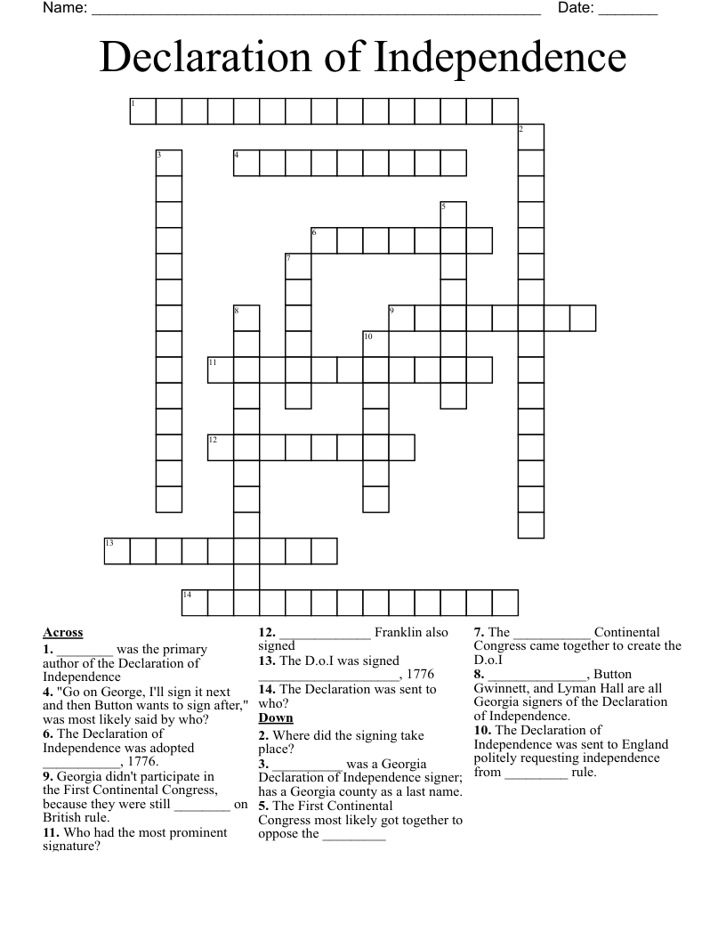 Declaration of Independence Crossword