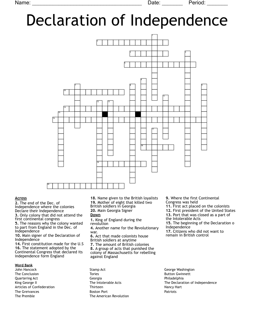 Declaration of Independence Crossword