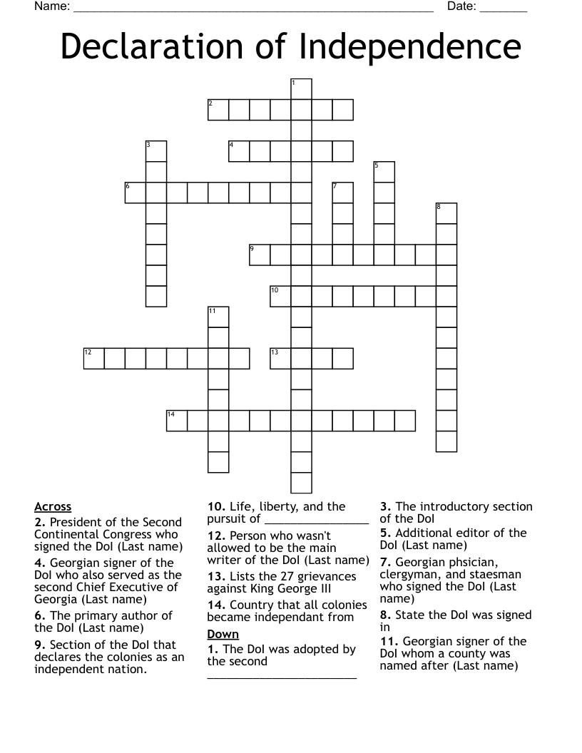 Declaration of Independence Crossword
