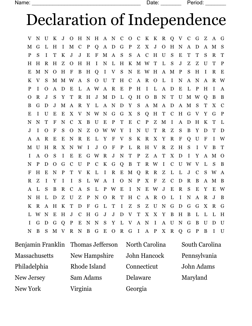 Declaration of Independence Word Search