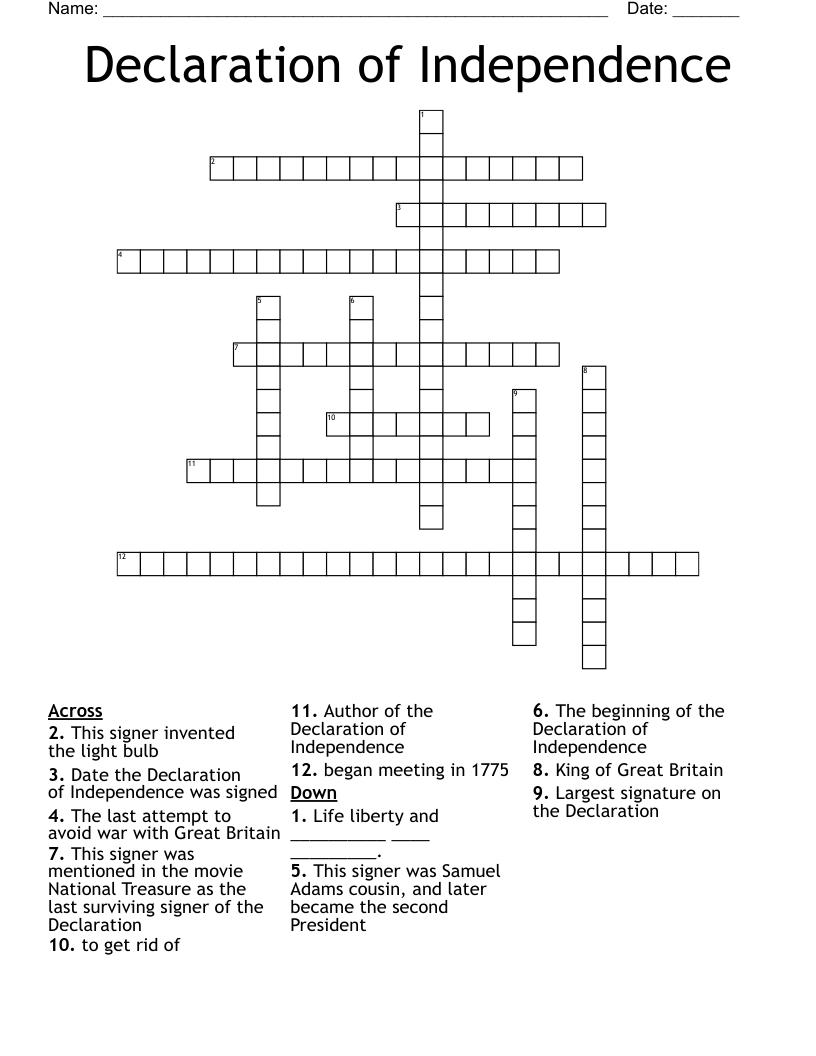 Declaration of Independence Crossword