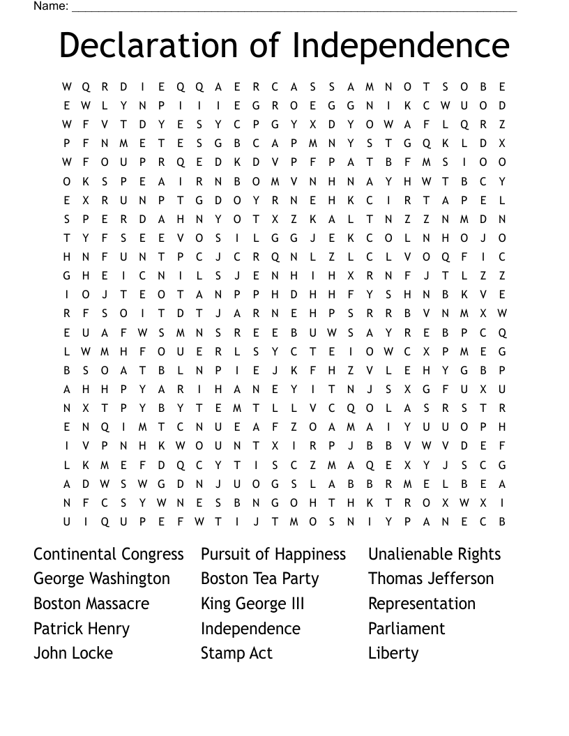 Declaration of Independence Word Search