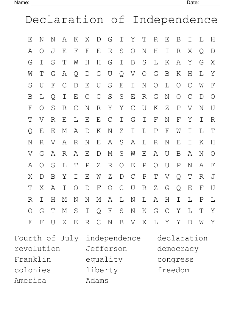 Declaration of Independence Word Search