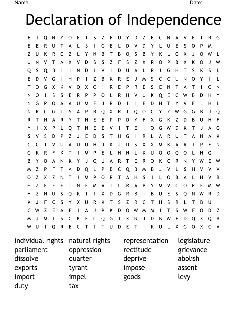 Declaration of Independence Word Search