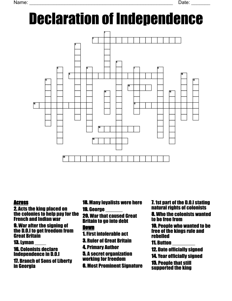 Declaration of Independence Crossword