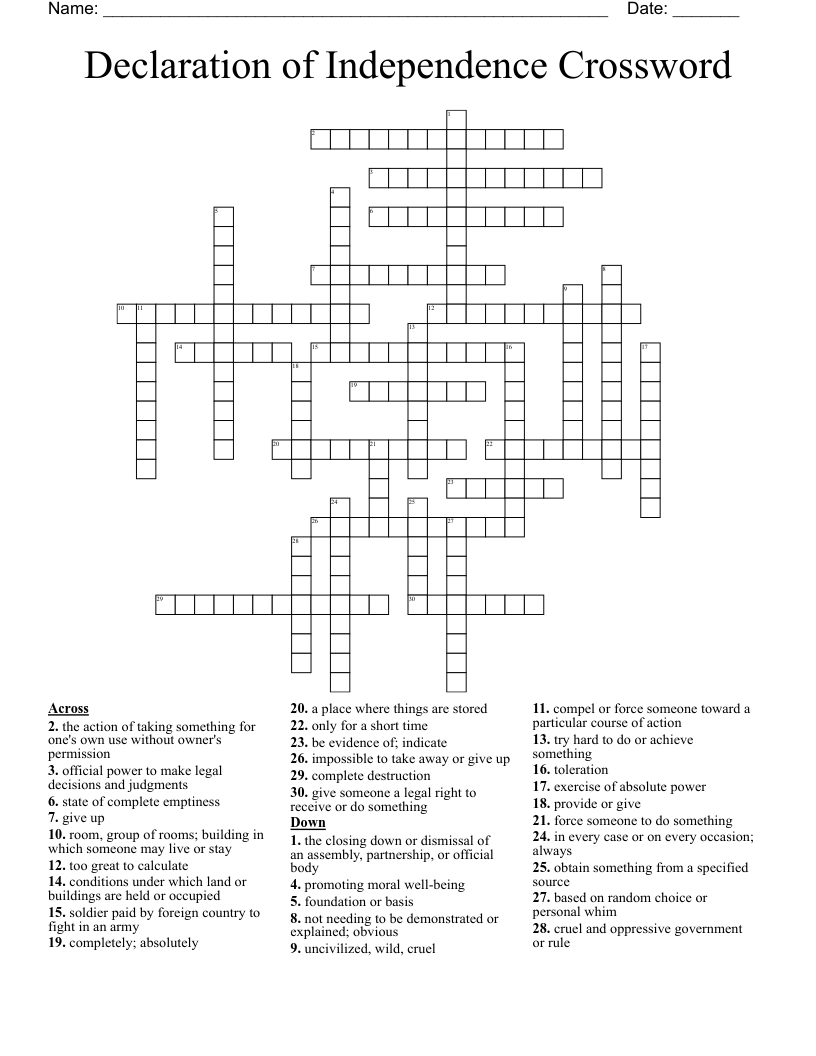 Declaration of Independence Crossword