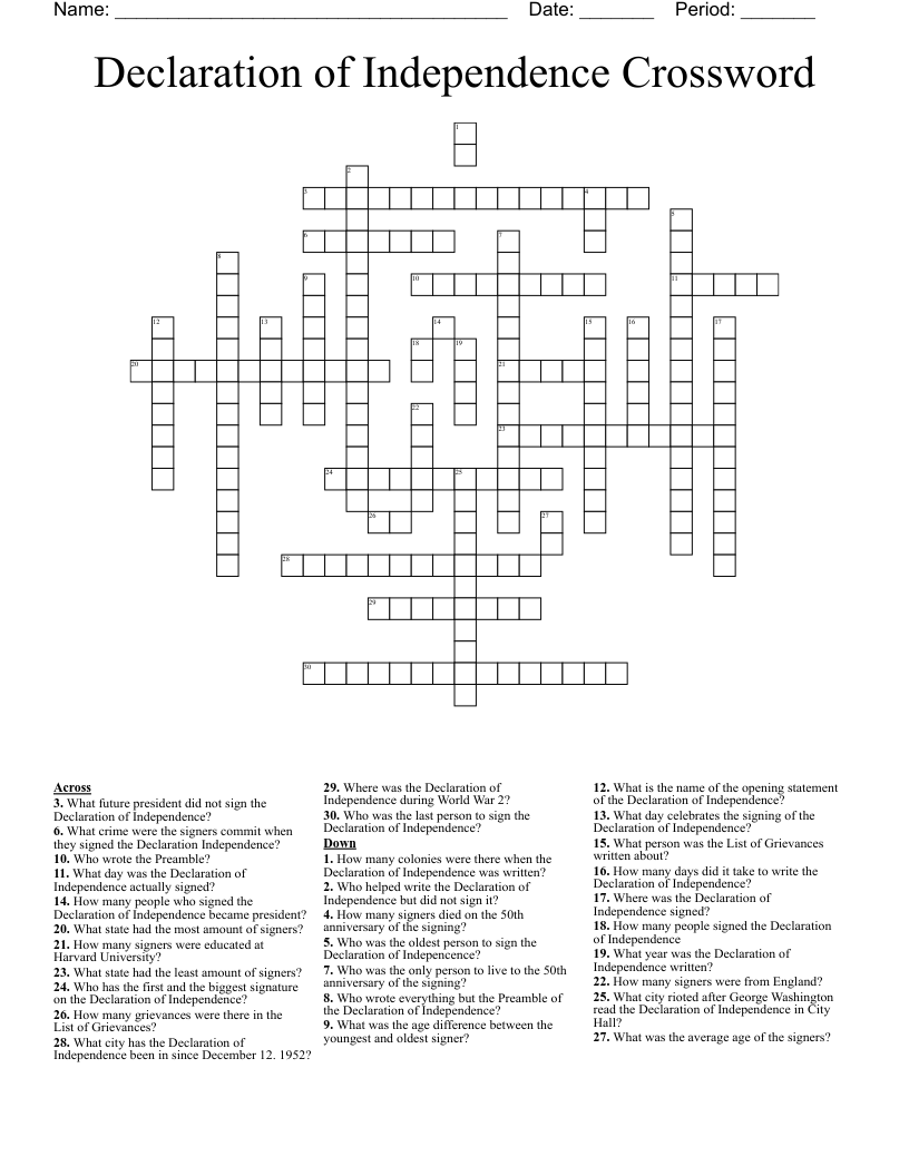 Declaration of Independence Crossword