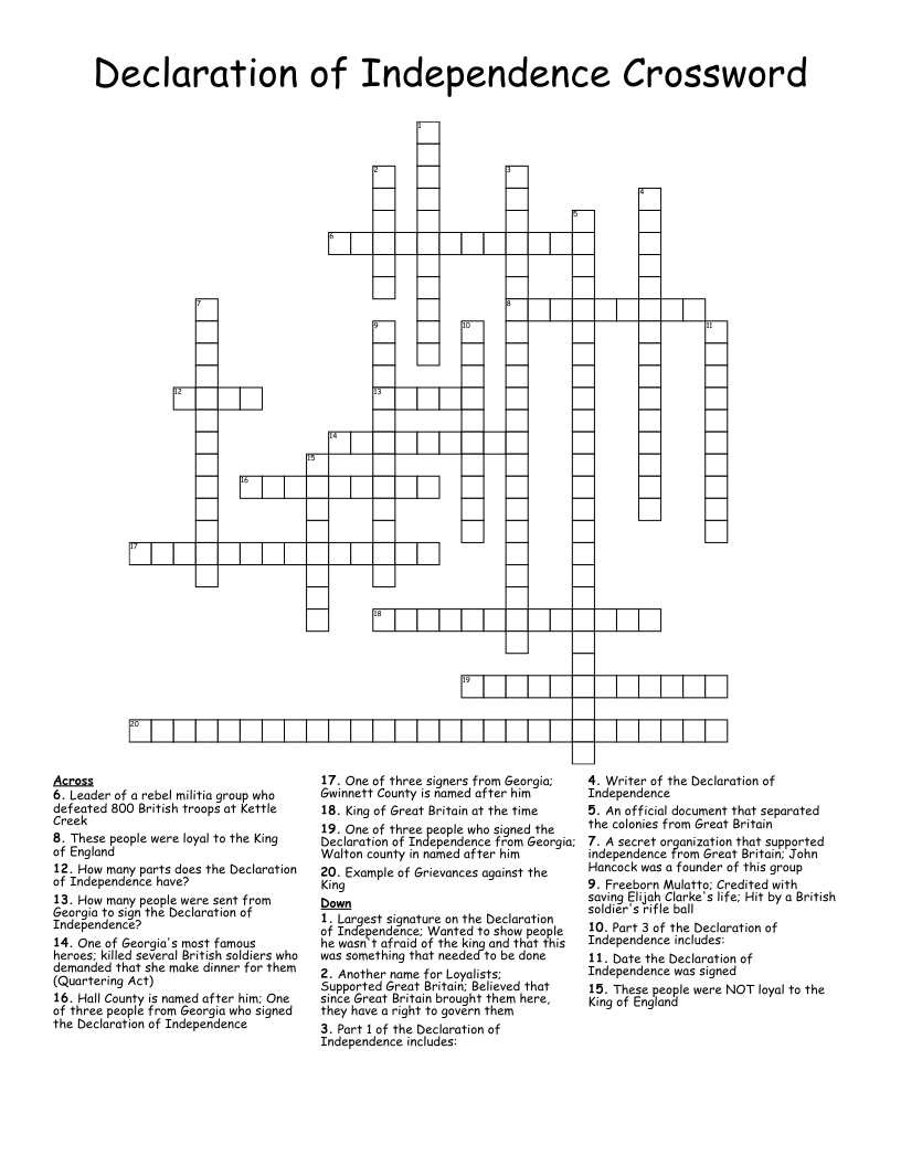 Declaration of Independence Crossword