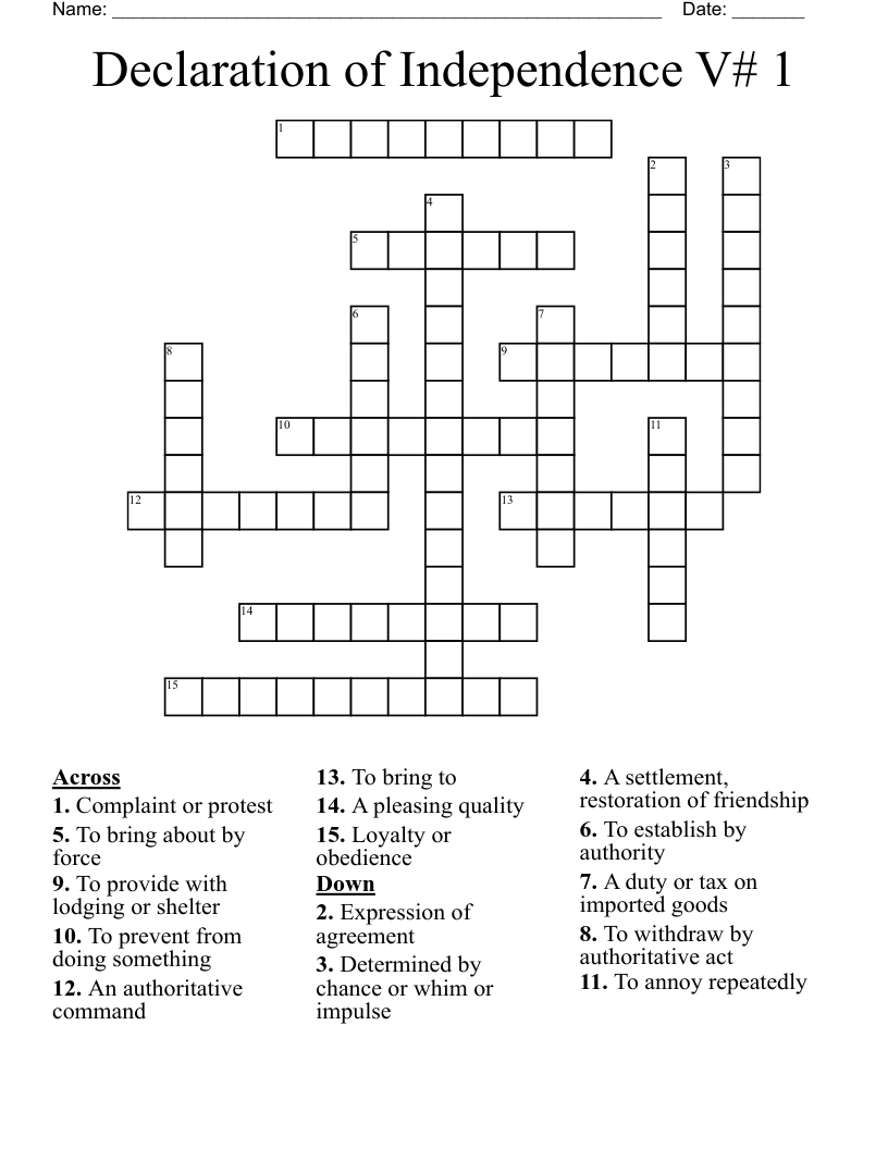 Declaration of Independence V# 1 Crossword