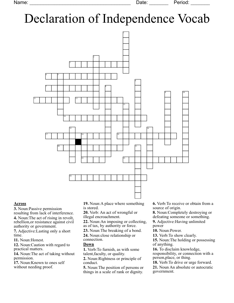 Declaration of Independence Vocab Crossword