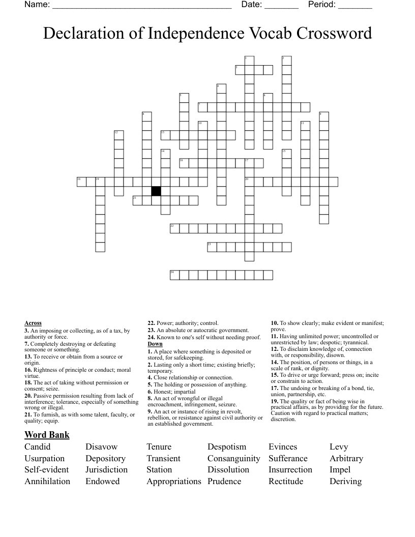 Declaration of Independence Vocab Crossword