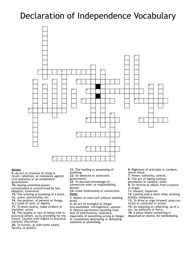Declaration of Independence Vocabulary Crossword