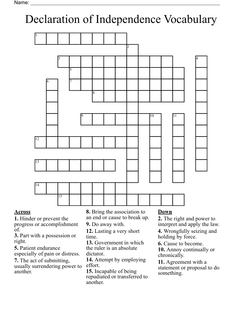 Declaration of Independence Vocabulary Crossword