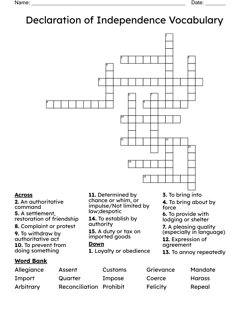 Declaration of Independence Vocabulary Crossword
