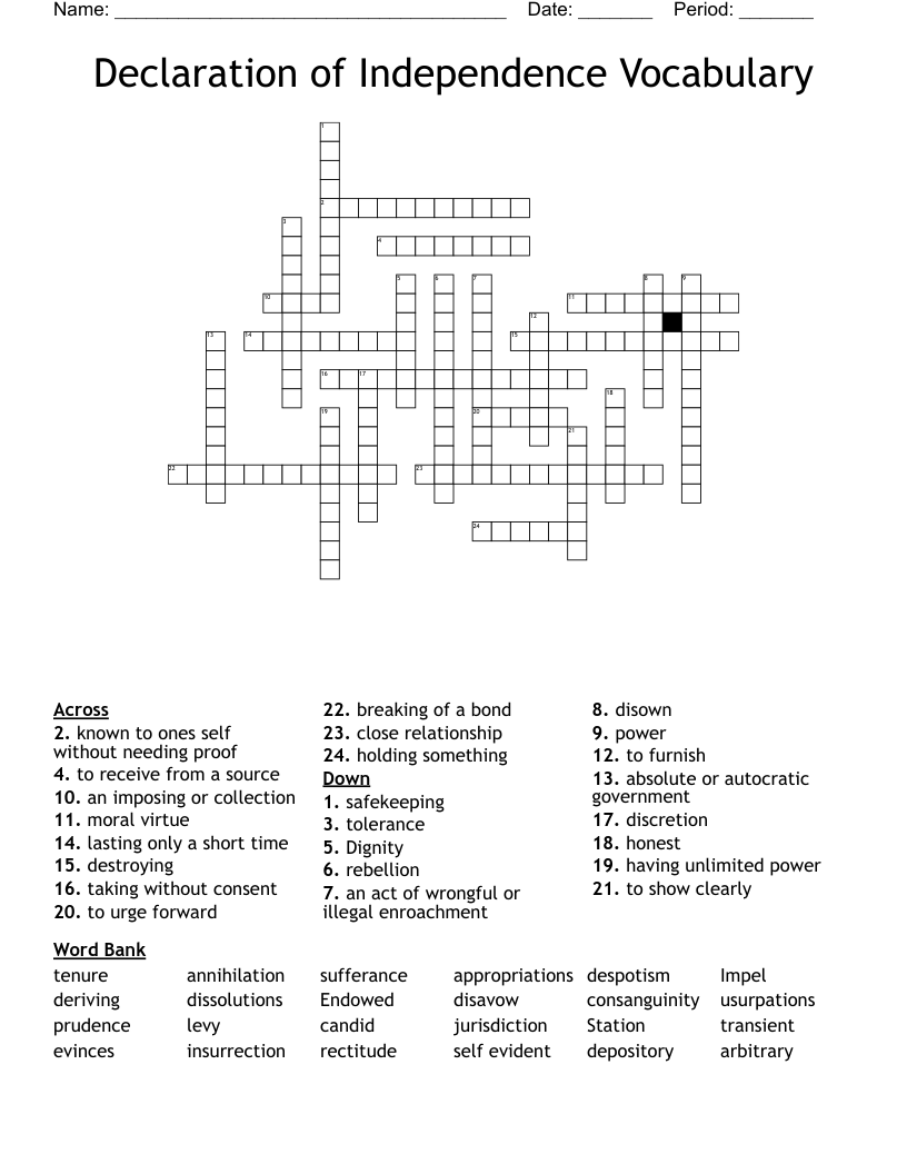 Declaration of Independence Vocabulary Crossword