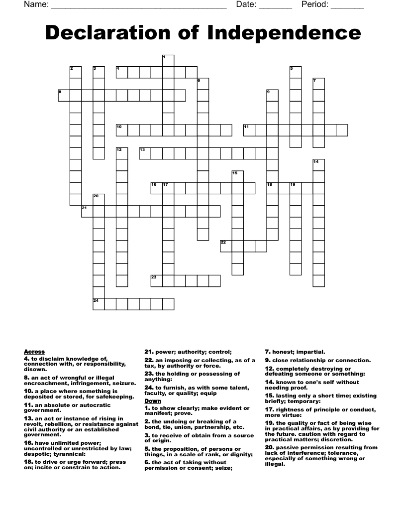Declaration of Independence  Crossword