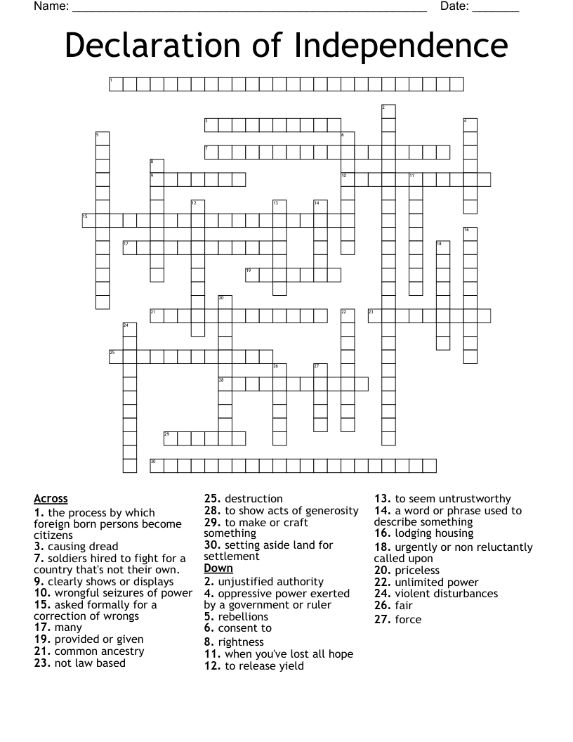 Declaration of Independence  Crossword
