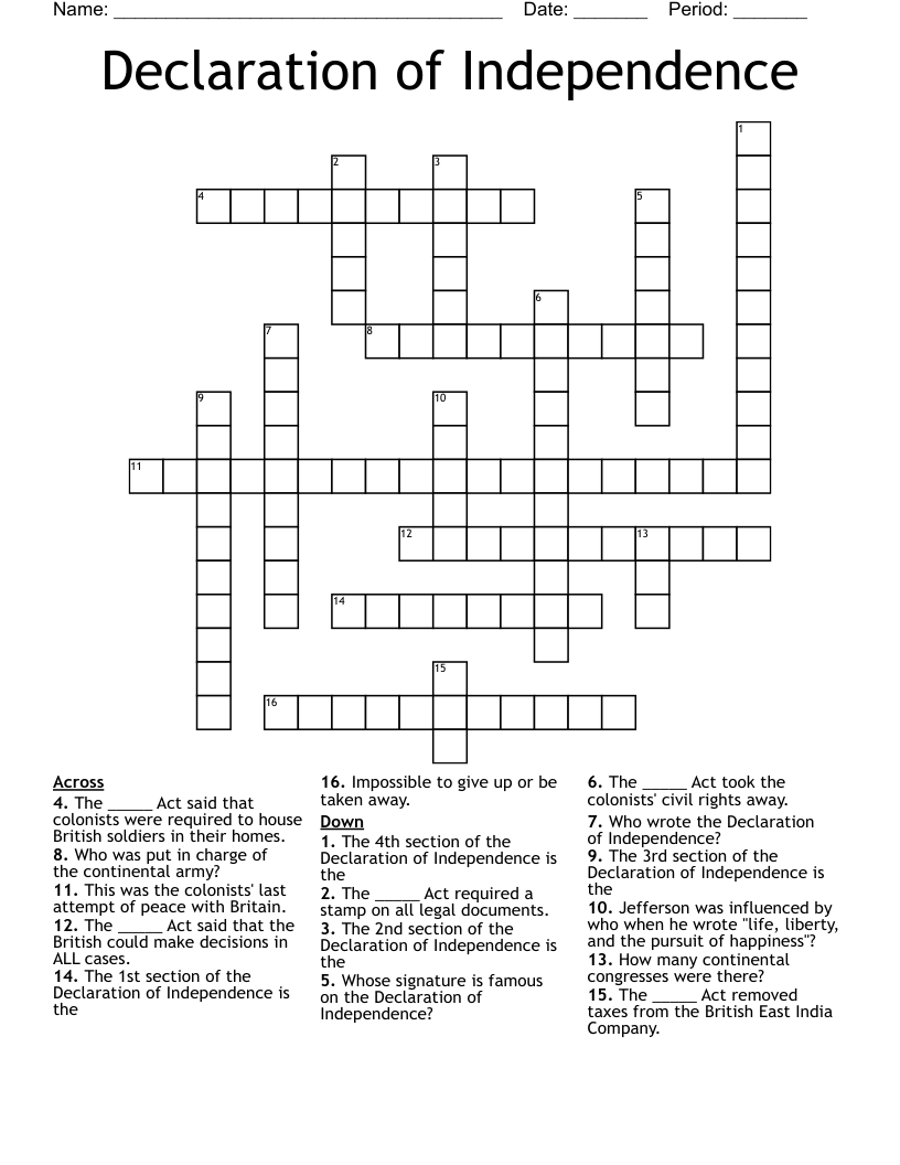 Declaration of Independence  Crossword
