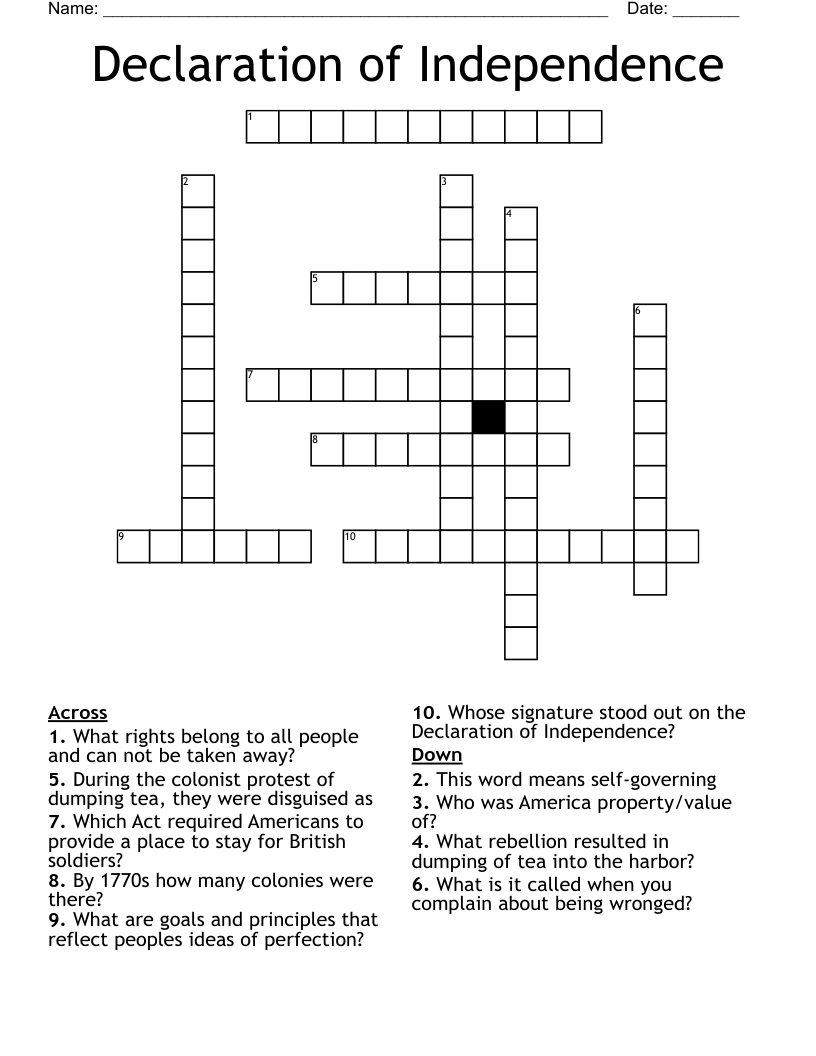 Declaration of Independence  Crossword