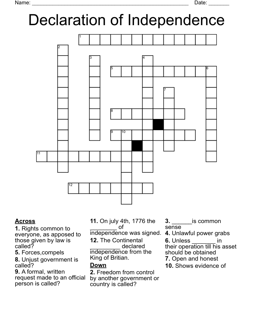 Declaration of Independence  Crossword