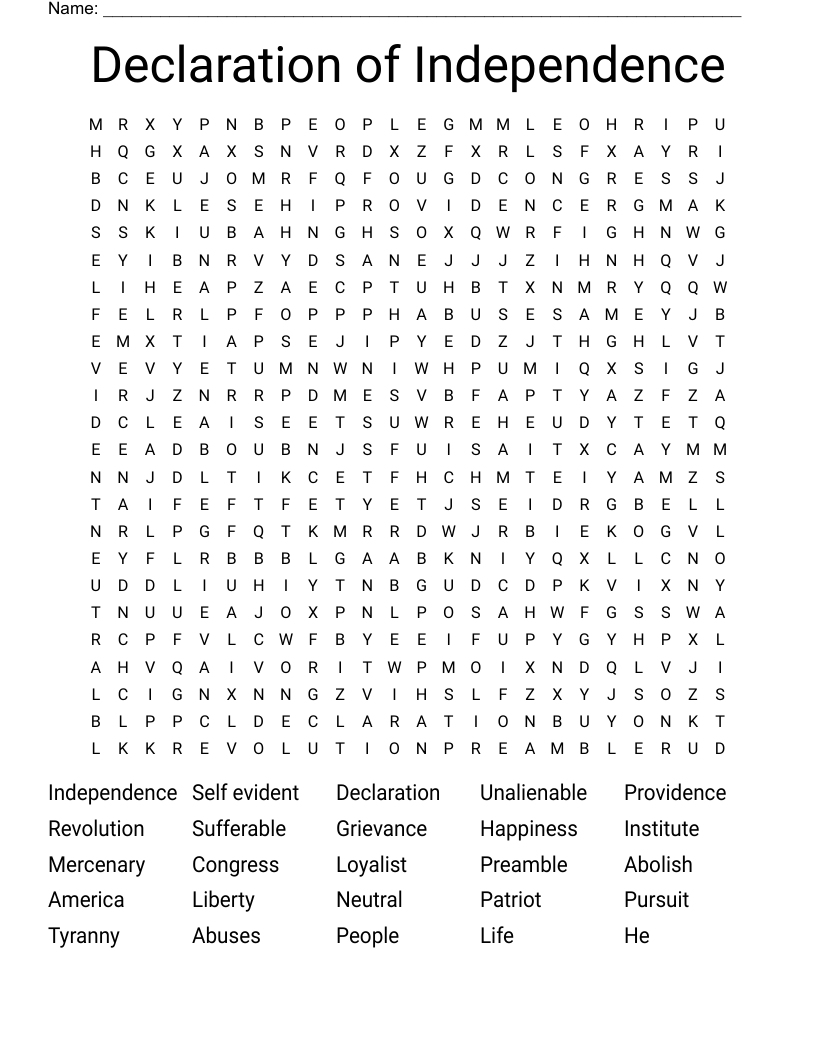Declaration of Independence  Word Search
